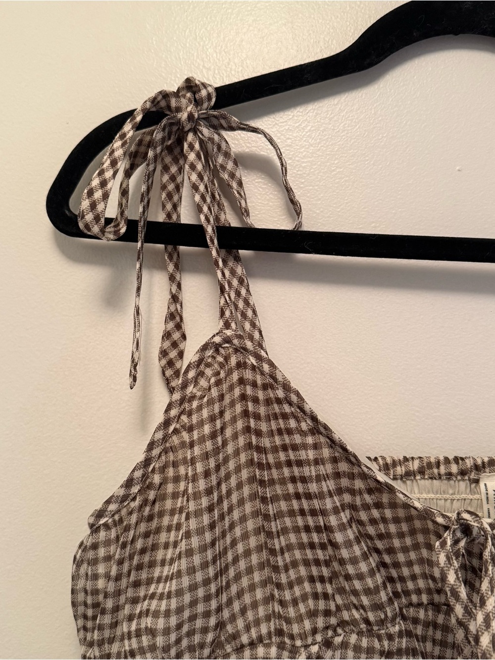 American Eagle Gingham Smocked Tie-Strap Peplum Crop Top | Brown/Cream | Size M - Picture 5 of 8